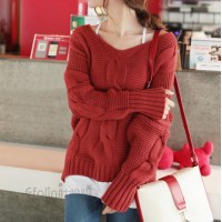 Bat-Wing Sleeves Casual Style Acrylic Solid Color V-Neck Sweater For Women